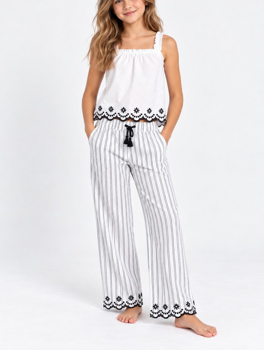 Rachel Zoe Striped White Wide-Leg Pants with Black Trim And Shirt